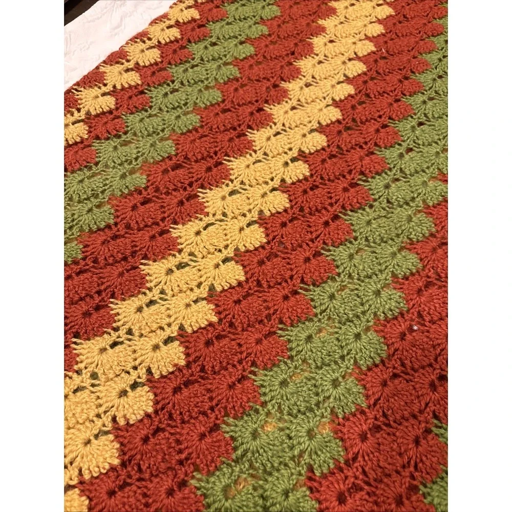 VTG Afghan Throw‎ Retro 70s Crochet Yellow Green Red Boho Stripe Blanket 34x61